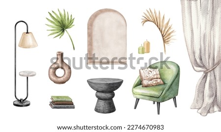 watercolor illustration. Mood board with modern furniture and decor elements. Interior home clip art collection isolated on white background