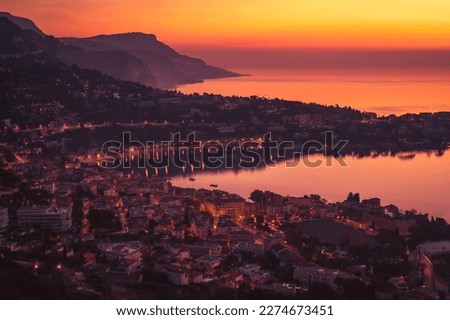 View of sunrise over Villefranche sur mer with Saint Jean Cap Ferrat, Cote d'Azur, South of France, Europe	 Royalty-Free Stock Photo #2274673451