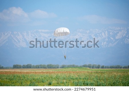 Skydiving. Flying parachutists against the background of the blue sky and mountains. Extreme sport and entertainment. Royalty-Free Stock Photo #2274679951