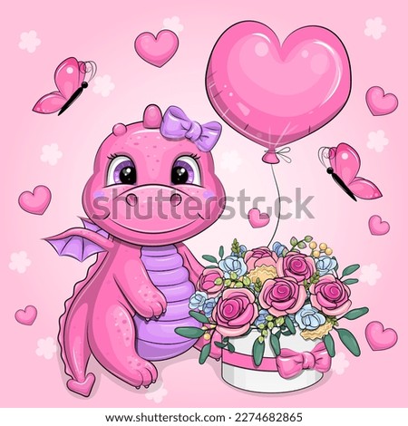 Cute cartoon pink dragon with flowers and balloon. Vector illustration of an animal on a pink background with hearts and butterflies.