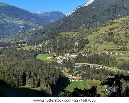 Alpine tourist-agricultural village Alvaneu Bad (Alvagni Bogn) in the picturesque valley of the river Albula or Alvra - Canton of Grisons, Switzerland (Kanton Graubünden, Schweiz)