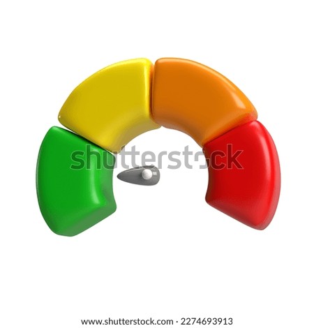 3d icon speedometer meter with arrow for dashboard with green, yellow, orange and red indicators. Gauge of tachometer. Low, medium, high and risk levels. isolated on white background clipping path