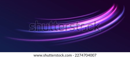 High speed effect motion blur night lights blue and red. Futuristic neon light line trails. bright sparkling background. Purple glowing wave swirl, impulse cable lines. Long time exposure. Vector