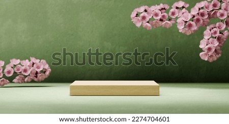Wooden product podium with cherry blossom flowers on green background. Spring mockup template display. Neutral asian aesthetic.