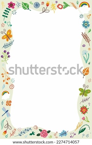 Spring and Summer flower background. cute colourful Frame with flower, plants, bugs and butterflies. free space for text
