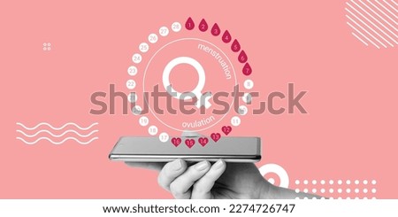 Menstrual cycle above smartphone screen in hand of woman. Period calendar tracker mobile app, contraception, pregnancy planning concept, modern technologies for women's health. Minimalistic collage