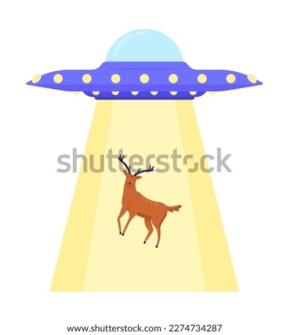 Flying saucer abducting forest stag semi flat color vector icon. UFO. Editable object. Full sized element on white. Simple cartoon style spot illustration for web graphic design and animation