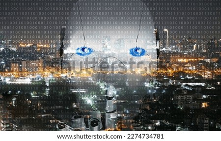Artificial intelligence, AI everywhere and is omnipresent. The overlay robotic figure on a city background. Every person on earth can benefit from the Ai technology concept.