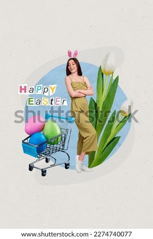 Magazine picture sketch collage image of confident lady arms folded buying easter decorations isolated painting background