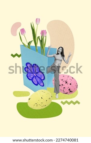 Exclusive magazine picture collage image of dreamy smiling lady celebrating easter preparing gifts isolated painting background