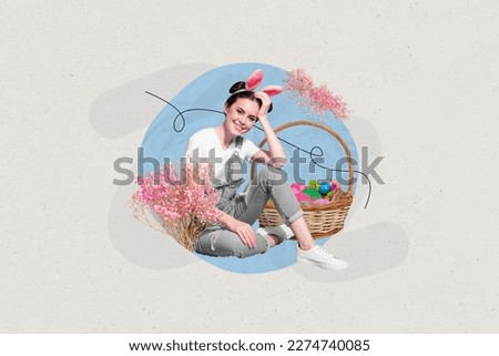 Creative abstract collage template graphics image of dreamy smiling lady collecting easter eggs basket isolated drawing background