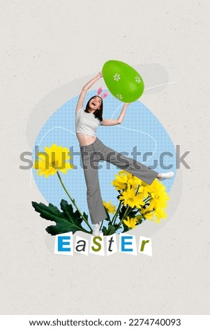 Creative collage artwork of young excited lady wear pink headband bunny ears hold green colored egg yellow daisy easter isolated on gray background