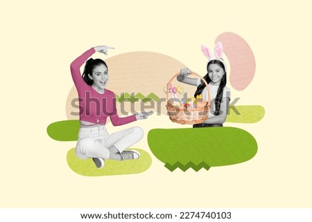 3d retro abstract creative collage artwork template of excited lady pointing easter bunny holding basket isolated painting background