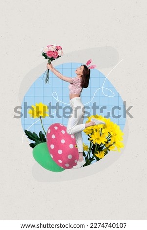 Collage 3d image of pinup pop retro sketch of excited smiling lady enjoying easter time rising flowers isolated painting background