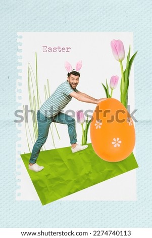 Collage image minimal design greeting card of young funny man pink headband ears pusing big yellow easter decorated egg isolated on blue background