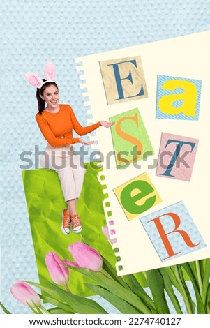 Greetings card design concept collage of young positive attractive lady wear ears bunny hands demonstrate text easter isolated on blue background
