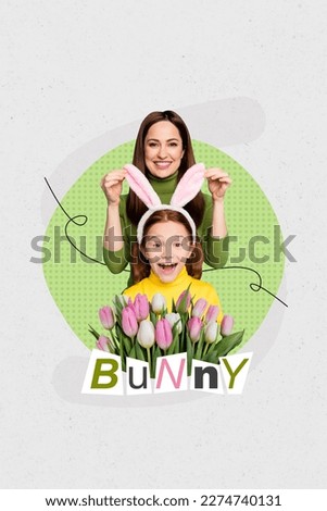 Photo collage cartoon comics sketch picture of funny mom small little child kid celebrating easter isolated drawing background