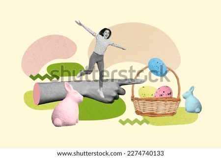 Photo collage cartoon comics sketch picture of carefree funny lady enjoying easter hunting eggs isolated drawing background