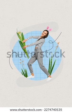 Composite photo art collage of young excited lady celebrate international woman day drag tulips bouquet wear bunny ears isolated on gray background