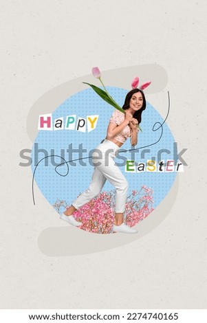 Creative composite collage of young attractive lady wear headband bunny pink ears bloom flowers drag tulips happy easter isolated on gray background