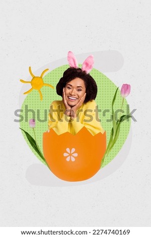 Collage artwork graphics picture of funny excited lady hands cheeks sitting inside easter egg isolated painting background
