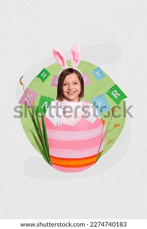 Photo collage of little cute smiling positive schoolgirl wear pink bunny ears inside broken colored easter egg tradition isolated on gray background