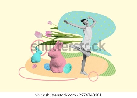 Photo artwork collage picture of smiling carefree lady having fun dancing enjoying easter time isolated drawing background