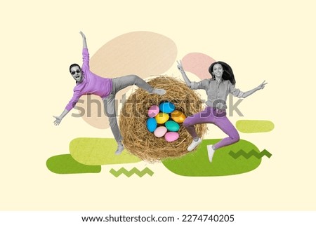 Collage 3d image of pinup pop retro sketch of funky carefree lady guy collecting easter egg bird nest isolated painting background