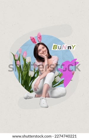 Creative 3d photo collage artwork graphics painting of smiling dreamy lady celebrating easter isolated drawing background