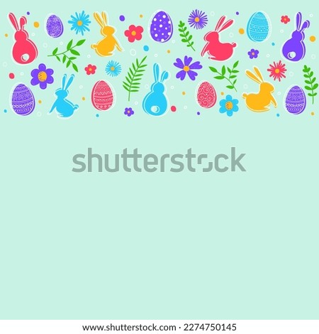 Green background with painted eggs, bunnies and flowers. Easter design.  Vector illustration