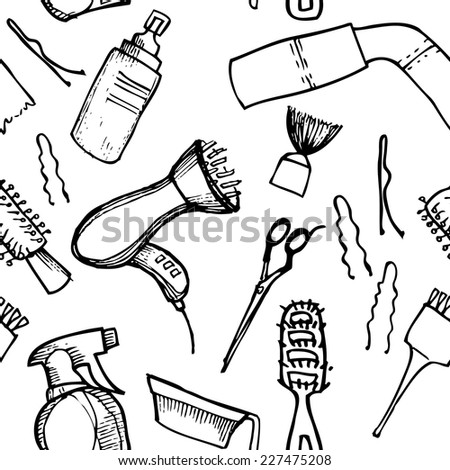 Hand drawn illustration - Hairdressing tools. Pattern