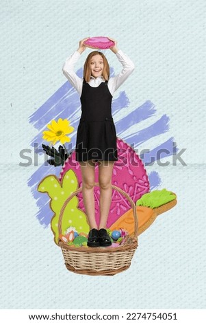 Vertical creative collage photo of impressed positive schoolgirl standing on basket hold cookie over head isolated on drawing background