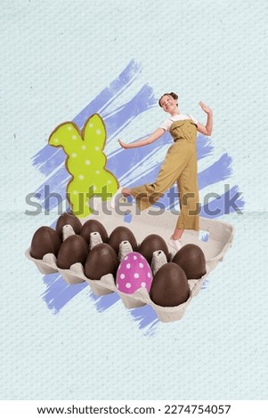 Vertical creative collage artwork photo of funny funky optimistic woman dancing on chocolate easter eggs isolated on drawing background