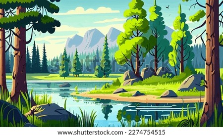Beautiful mountain lake scenery with clear still water, mountain ridge, dense forest, meadow shores and tall pine trees in the foreground. Royalty-Free Stock Photo #2274754515