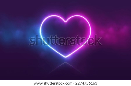 Neon heart with smoke, gradient led border, portal with haze clouds. 3D abstract retro tech background. Vector illustration.