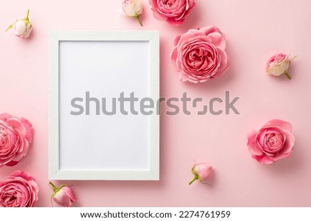 Mother's Day concept. Top view photo of photo frame and pink peony roses on isolated pastel pink background with blank space