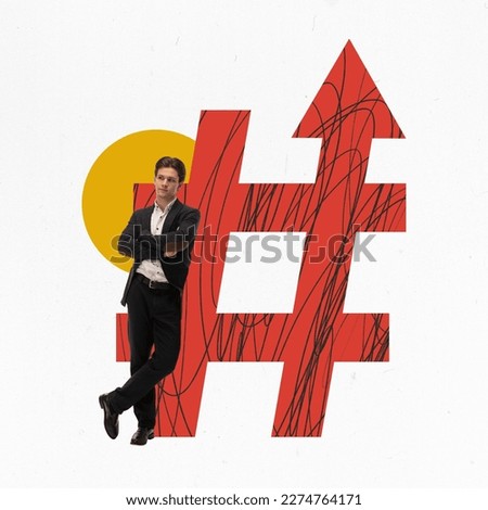 Creative modern conceptual design. Man leaning on giant hashtag. Working on popular worldwide trends for reaching popularity. Concept of market research, business, strategy, analytics and statistics
