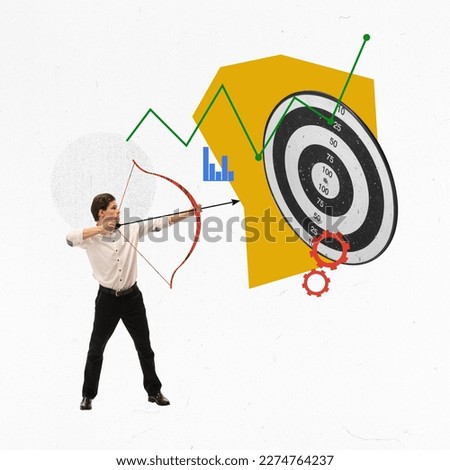 Target. Creative conceptual design. Man, marketer aiming a bow at target. Finding out target audience for social media marketing. Market research, business, strategy, analytics and statistics concept