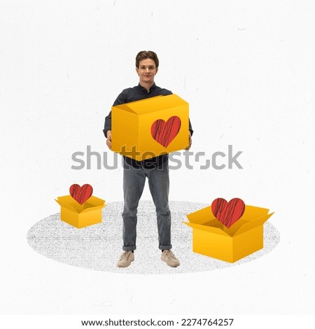 Re-purchasing. Conceptual design. Modern art collage. Happy young man, customer holding box with heart shape. Devoted user. Concept of customer journey, business process, shopping, sales, ad