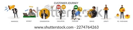 Set of icons of customer journey system. Banner. Awareness, interest, consideration, evaluation, purchase, service, loyalty and repurchasing. Concept of business process, shopping and sales, ad Royalty-Free Stock Photo #2274764263