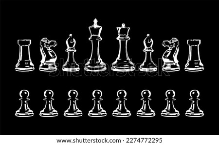Silhouettes of chess pieces. Chessboard. Black and white. Chess icons. Vector chess isolated on white background. Playing chess on the Board. King, Queen, rook, knight, Bishop, pawn