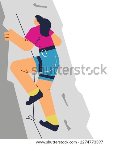 Woman is engaged in mountaineering in the mountains flat cartoon vector illustration isolated on white background. Woman climber or alpinist in mountains.