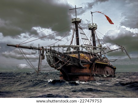 Abandoned historic sailing ship in the stormy sea. Wooden sailboat sails in a storm at ocean. A mysterious boat in stormy waves. Royalty-Free Stock Photo #227479753
