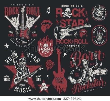 Rock star colorful set stickers with electric guitar or skeleton drummer performing at rock and roll festival vector illustration