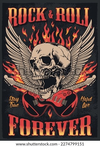 Rocknroll forever vintage colorful poster for concert fashionable rock band with electric guitars and skull with angel wings vector illustration