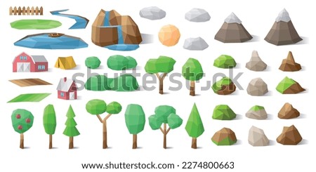 Polygonal landscape constructor icons set. Trees, mountains, hills, waterfall, river, lake, clouds and sun.
Low poly vector illustration. Creator kit. Cute scene maker. Royalty-Free Stock Photo #2274800663