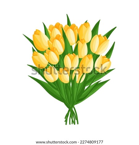 Yellow bouquet of tulips flowers. Spring blooming vector illustration for women's day, mother's day, easter and other holidays. Floral isolated design for postcard, poster, ad, decor and other.