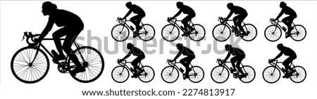 Big set of female cyclists silhouettes. Girl riding a bike. A woman rides a bicycle. A group of cyclists. Sport. Competitions. Cycling. Side view. Black color silhouette isolated on white background