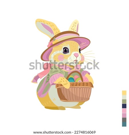 Сute Easter bunny in a hat holding a basket of Eggs.  Vector illustration.  Vector illustration. 