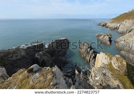 Morthoe Devon UK, October 11th 2021. Views of the rocky headland and sea along the South West Coast Path near Mortehoe in North Devon UK